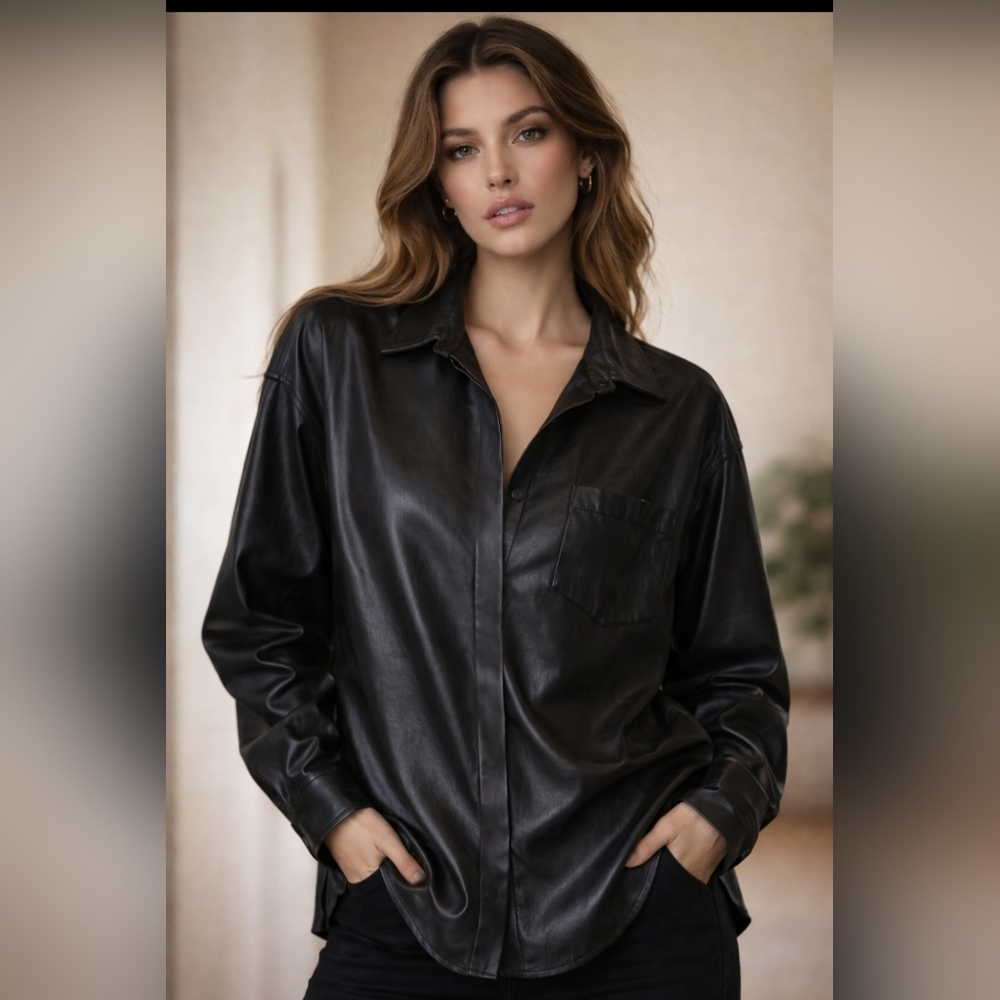 Buttery Soft Leather Look Womens Button Down